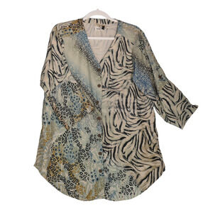 One World Blouse Tunic Top Women Large Drawstring Waist Wild Animal Zebra Snake